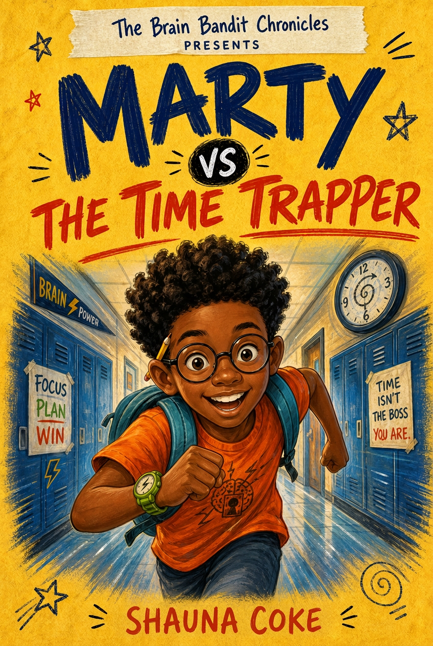 Cover of Marty vs. the Time Trapper, book one of the Brain Bandit Chronicles by Shauna Coke